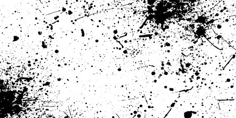 Fototapeta premium A black ink splatter creates an abstract grunge texture with liquid paint drops and artistic spray stains on a dirty vector background design
