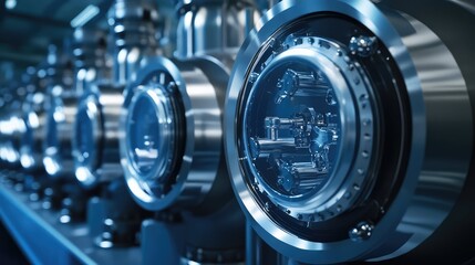 Fototapeta premium Close up view of advanced particle acceleration equipment, featuring precision stainless steel components designed for groundbreaking scientific research in physics and technology