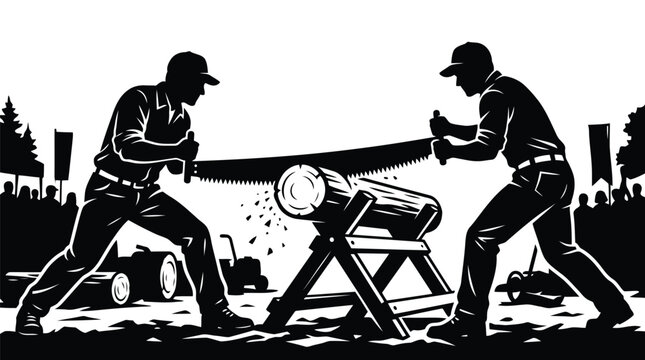 Lumberjacks sawing a large wooden log on a sawhorse in a professional black and white illustration