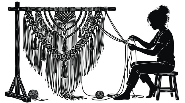 Woman creating a large macrame wall hanging in a black and white silhouette vector illustration