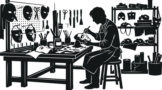 Craftsman painting theatrical mask in professional workshop black and white vector illustration