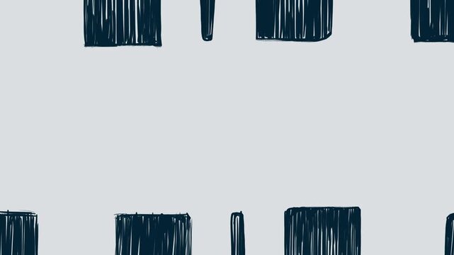 Animation of a hand drawn old film strip in looped motion on a white background. Retro effect with a blue marker drawn film strip and a wandering blurred spot in 4K.