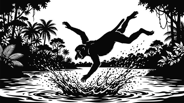 Monkey leaping into water creating splash jungle background illustration