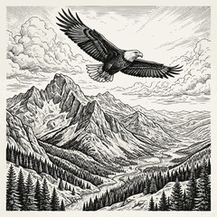 Fototapeta premium Majestic Bald Eagle Soaring Above Rugged Mountain Peaks and Pine Forests