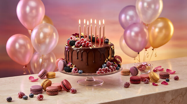 Layered cake decorated with fresh berries and pastel balloons fo