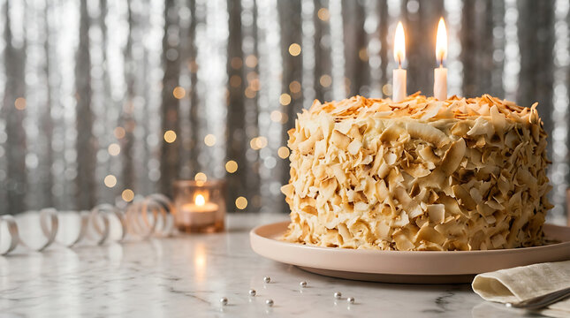 Festive layered cake with lit candles on a marble surface
