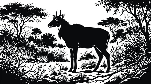 Eland antelope standing in a lush savanna landscape silhouette