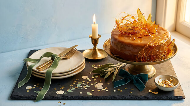 Elegant golden cake presentation with green accents and gold foi
