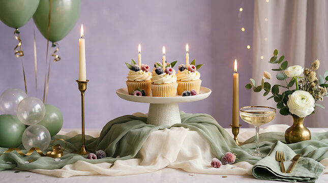 Elegant dessert table setup with cupcakes and floral arrangement