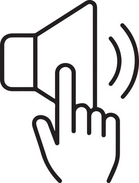 Minimalist speaker icon with hand clicking, volume control button vector, interactive audio sound symbol for digital interface and web design