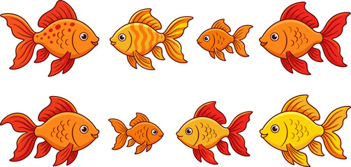 Fototapeta premium Set of Eight Cute Cartoon Goldfish Vector Illustrations with Various Fins and Colors for Pet Shop Branding, Aquarium Decor, Childrens Books, and Marine Life Educational Materials