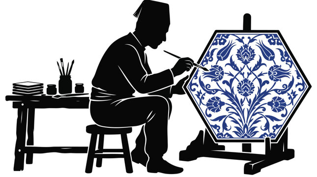 Artist painting intricate floral patterns on hexagonal tile artwork