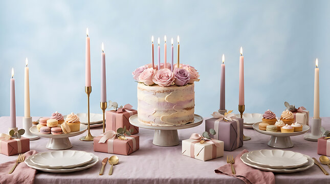 Elegant tiered cake and floral arrangement for a celebration par