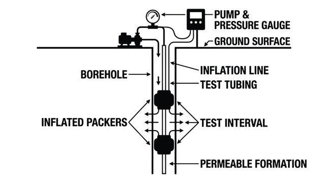 Diagram illustrating borehole testing with packers pressure gauge and pump