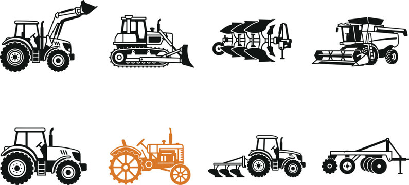 Agricultural machinery silhouette icon set with tractors bulldozer plow harvester and farming equipment vector collection