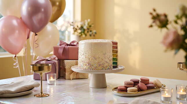 Celebration setup featuring a tiered cake, pink balloons, and ma