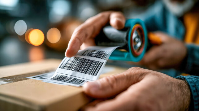 Hands sealing cardboard parcel with shipping label in close-up delivery and logistics scene
