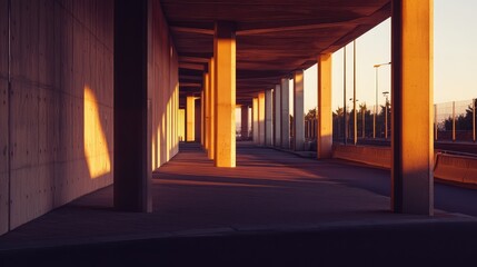 Obraz premium Long row of concrete pillars and walls receding into warm golden hour light, casting long dramatic shadows across a minimalist urban walkway with strong geometric lines