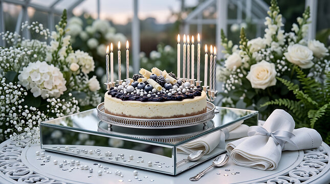 Elegant wedding cake presentation with fresh white roses and ber