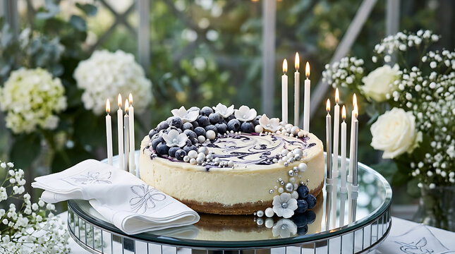 Elegant blueberry cheesecake or tart with white flowers and cand