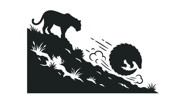 Savory pangolin rolls down hill escaping leopard silhouette illustration
