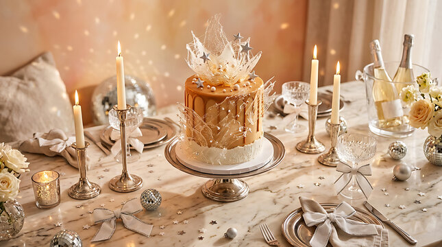 Elegant wedding cake centerpiece with festive decorations and ch