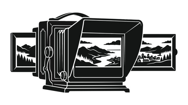 Vintage stereoscope viewer displaying landscape scenes silhouette graphic