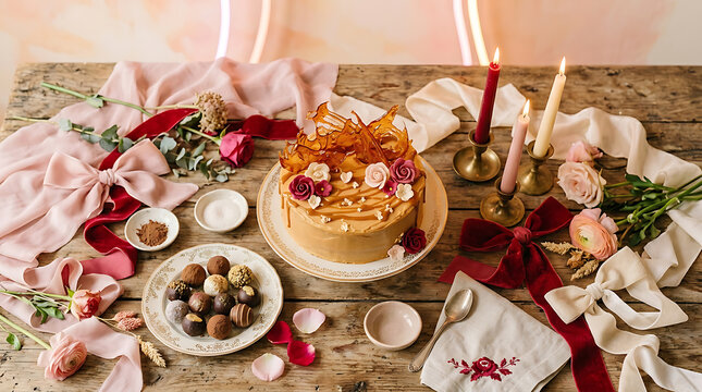 Celebration cake centerpiece with pink roses and decorative ribb