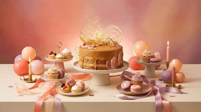 Colorful dessert display with tiered cake and balloons for a cel