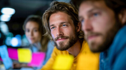 Obraz premium Diverse coworking team brainstorming around laptops with colorful sticky notes in a modern office