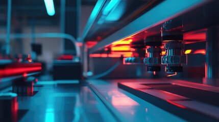 Obraz premium Advanced robotic machinery operating in a modern production facility, highlighting the intricate processes of automation and technological innovation with vibrant neon illumination