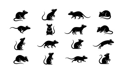 Obraz premium Minimal geometric rat silhouette vector set with modern rodent poses isolated on white background