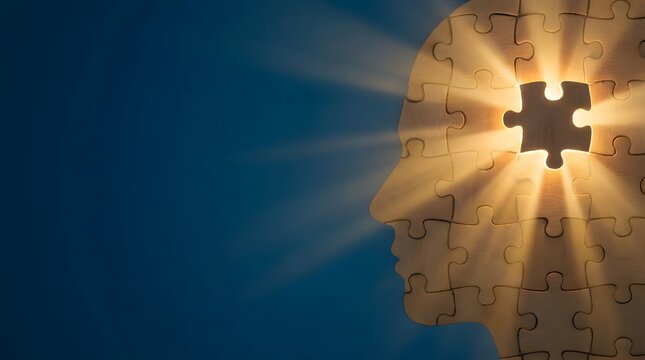 Human head silhouette made of wooden puzzle pieces with glowing gap.