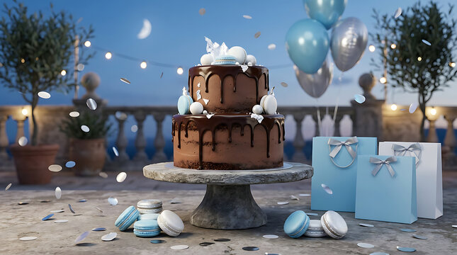 Tiered wedding cake with blue balloons and rustic celebration se