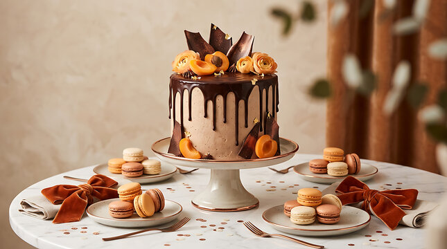 Elegant tiered celebration cake decorated with macarons and oran