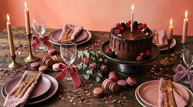 Elegant chocolate cake and fresh berries arranged on a wooden ta