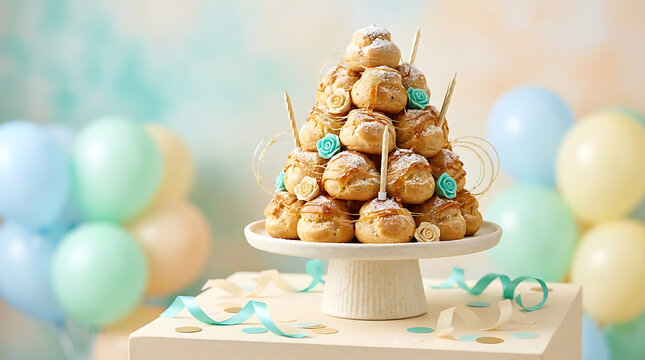 Pastel balloon centerpiece display on a white pedestal for a cel