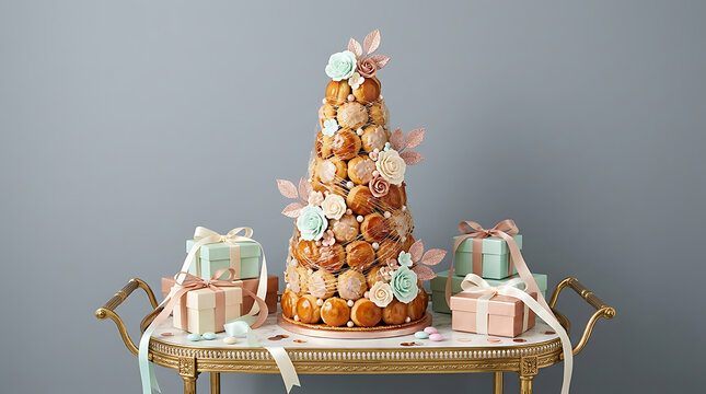 Opulent gift arrangement on a gold-toned table