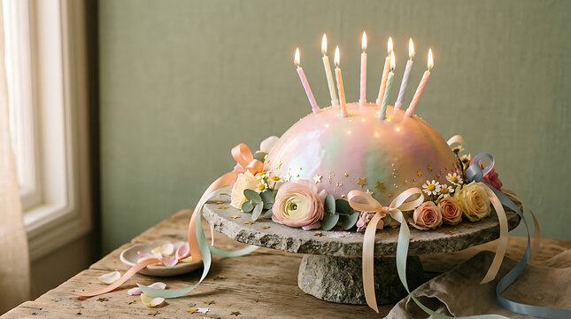 Iridescent birthday cake centerpiece with floral candles on a ru