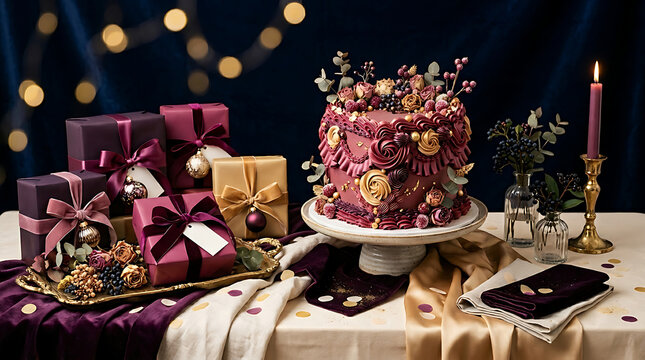 Elegant gift table setup with wrapped presents and flowers