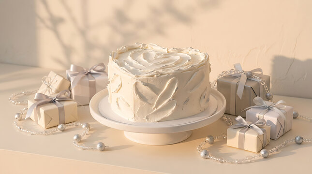 White celebration cake and wrapped gifts arranged on a white pla