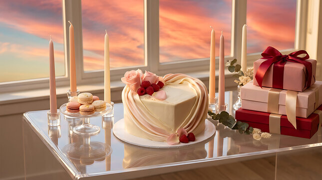 Festive centerpiece featuring a cake and wrapped gifts set again