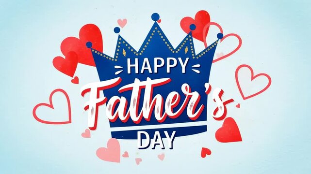 Happy father's day crown greeting with hearts and sparkles, animated confetti and drifting elements on a pastel blue background