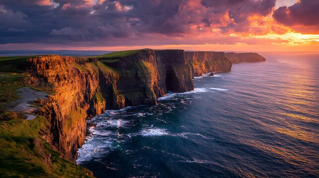 Breathtaking sunset over the Cliffs of Moher in Ireland