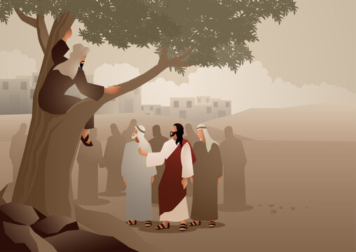 Biblical vector illustration series, Zacchaeus in the tree meeting Jesus, Luke 19 Christian story
