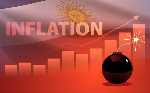 Argentina inflation rising, economic crisis concept with chart and warning bomb