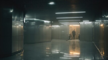 Fototapeta premium Person walking toward a bright tunnel exit in a sleek metallic metro station, dramatic perspective and reflections suggesting transition, progress, and a futuristic urban journey
