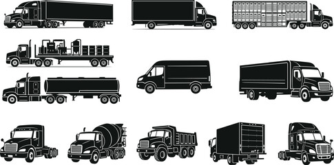 Commercial truck silhouette collection featuring cargo transport vehicles, tanker trucks, delivery vans, and industrial transportation illustrations © MdMijanur