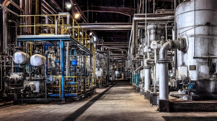 Fototapeta premium Industrial facility interior with intricate pipes, tanks and heavy machinery forming a complex engineering network, highlighting modern manufacturing, automation and industrial scale