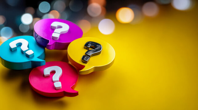 Colorful question mark speech bubbles on yellow background representing curiosity, inquiry and communication